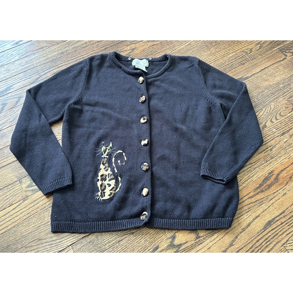 Mandal Bay Cardigan Womens Large‎ Cat Embroidered Button Knit Sweater Artsy